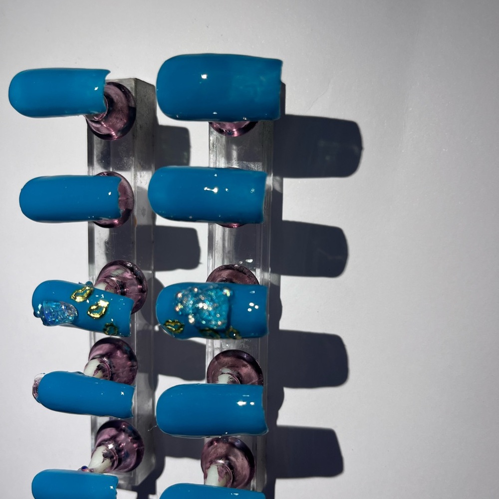 Vibrant Blue Press-On Nails with Gem Accents